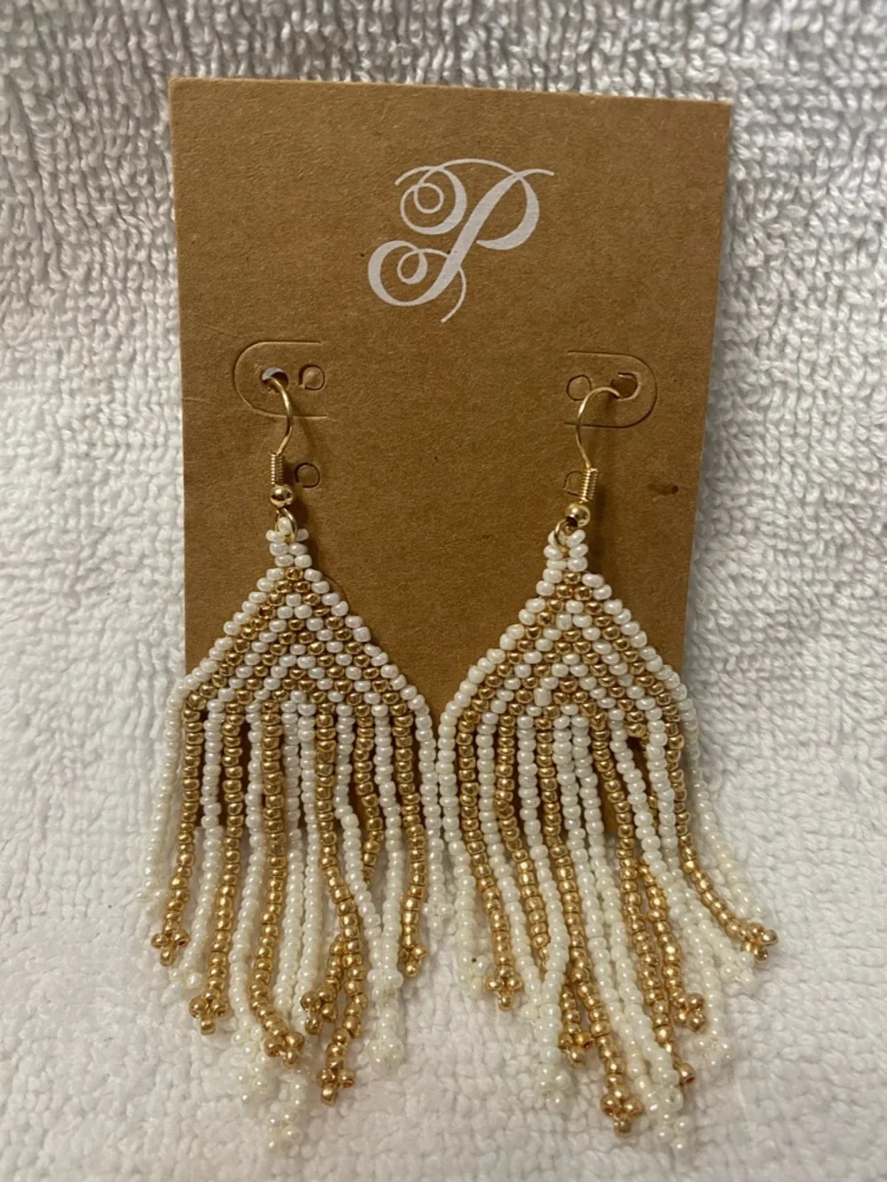 Plunder Beaded Fringe Drop Earrings - White & Gold Tone - Picture 1 of 2